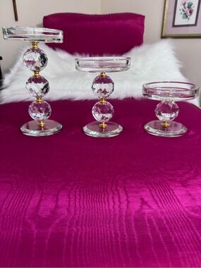 Candle Sticks Beveled Glass Trimmed in Gold 3 Candle Sticks